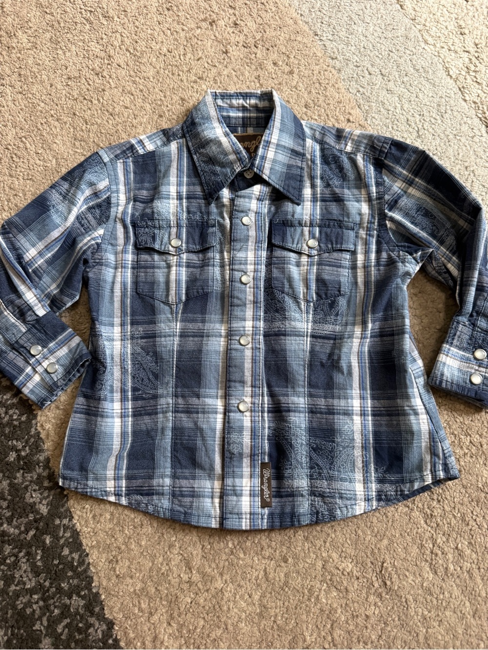 Wrangler Retro Navy & Light Blue Plaid Kids Jean Long Sleeve XXS shirt